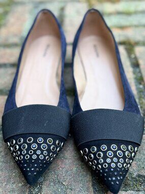 Escalona Navy Pointed Toe Embellished Flats 40.5 Made in Italy